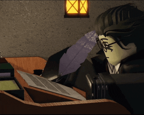 a cartoon character is sitting at a desk with a feather pen
