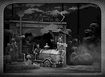 a black and white painting of a train with skeletons and a sign that says station de paco
