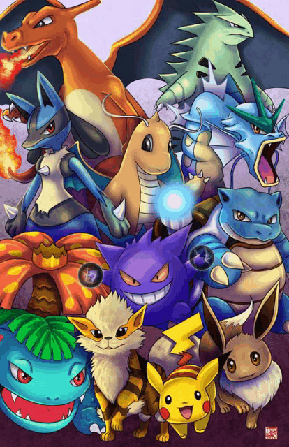a group of pokemon including eevee and pikachu are gathered together