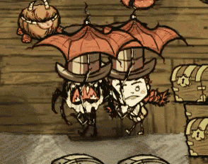 a couple of cartoon characters standing next to each other wearing top hats with wings