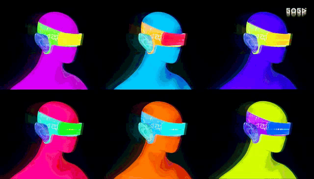 a collage of six different colored heads with the number 12 on their head