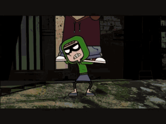 a cartoon character wearing a green hoodie and black sunglasses