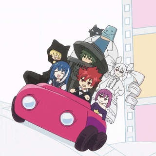a group of anime characters riding a roller coaster