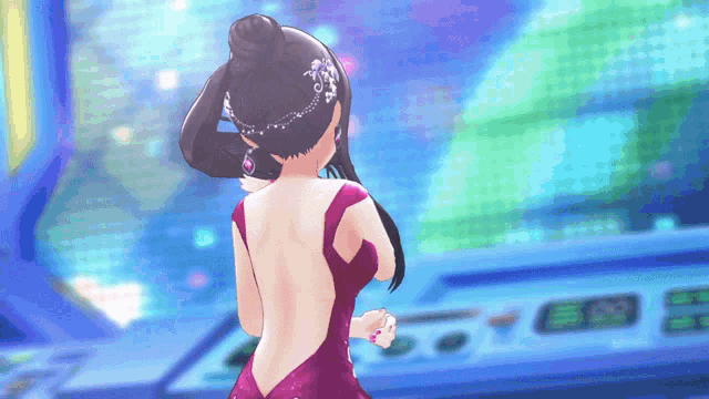 a woman in a red dress is standing in front of a machine that says ' 88 ' on it