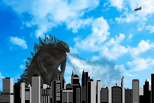 a black and white drawing of a city with a giant monster in the foreground