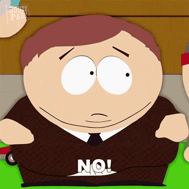 a south park character is wearing a sweater that says no