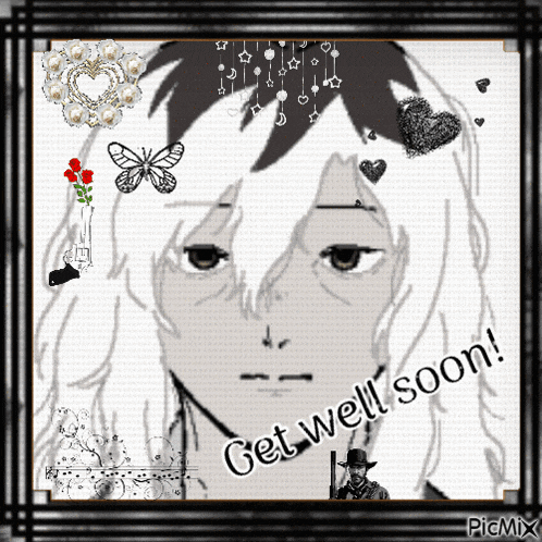 a drawing of a girl with the words get well soon
