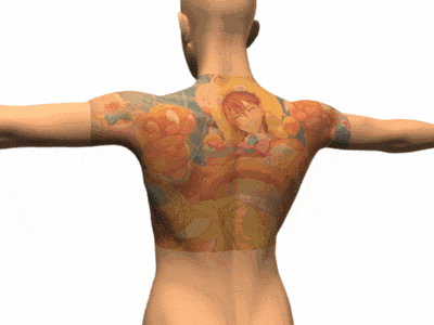 a naked man has a tattoo on his back that looks like a painting
