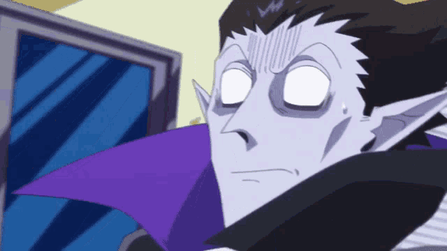 a cartoon vampire with a purple collar and a surprised look on his face