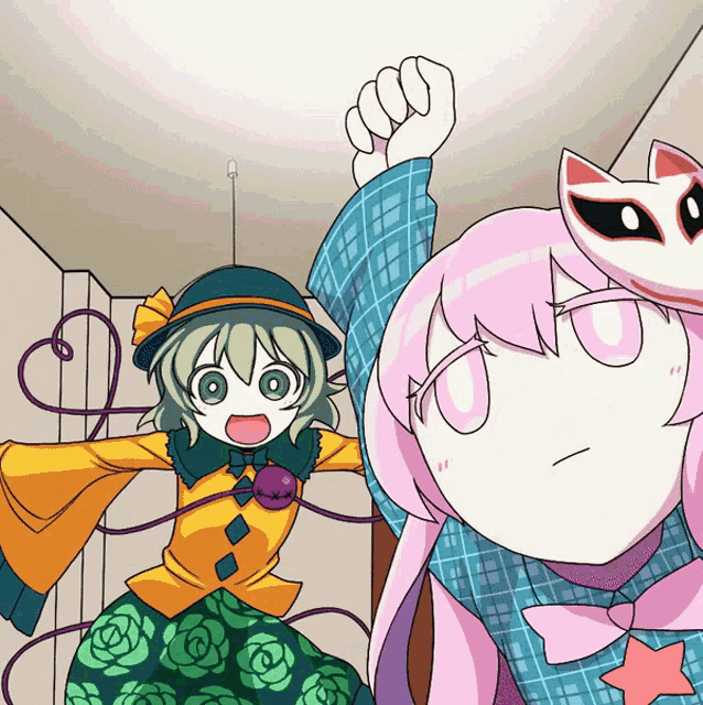 a cartoon drawing of a girl with green hair and a fox mask on her head