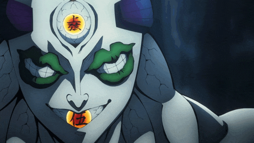 a close up of a cartoon character with chinese writing on his face