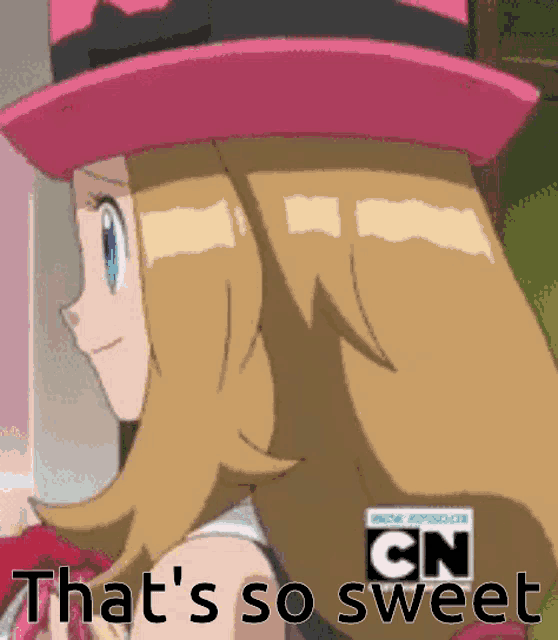 a cartoon girl wearing a pink hat with the words that 's so sweet on the bottom
