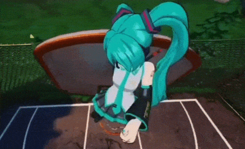 a cartoon girl with green hair is standing on a tennis court