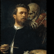 a man with a beard is holding a brush in front of a skeleton and a violin