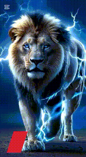 a lion is surrounded by lightning and a red rectangle in front of it