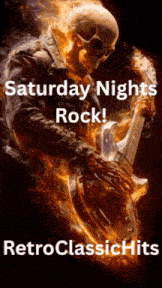 a poster of a skeleton playing a guitar with the words saturday nights rock