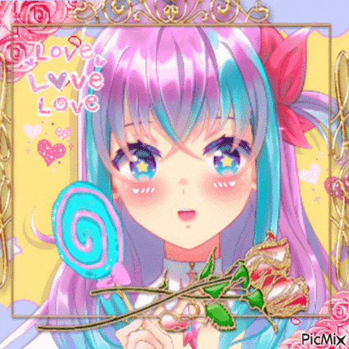 a girl with purple hair and blue eyes is holding a lollipop and a rose