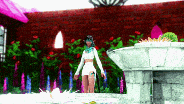 a girl in a white outfit stands next to a fountain