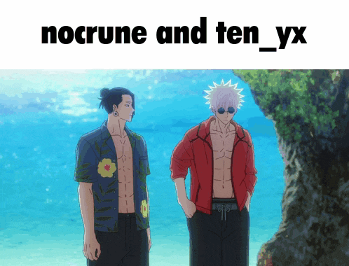 two anime characters standing next to each other with the words " nocrune and ten_yx " above them