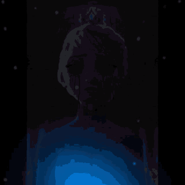 a cartoon character with blood coming out of her eyes and a blue light behind her .