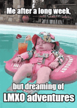 a baby is laying on a life preserver in a swimming pool with a drink in her hand