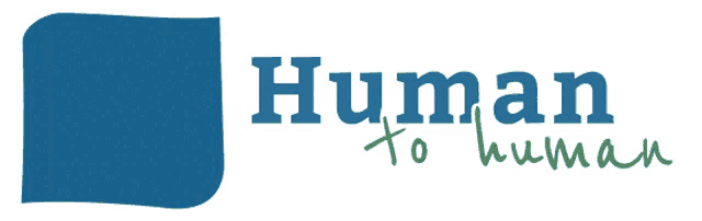 a logo for human to human with a blue square in the middle