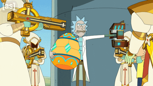 a cartoon of rick and morty holding guns and a giant egg