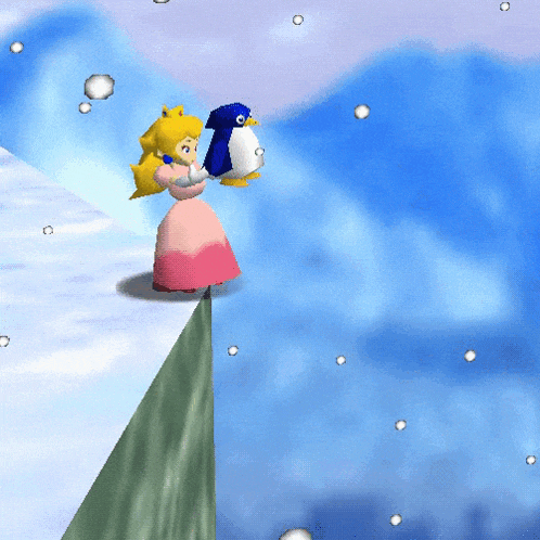 peach is holding a penguin while standing on a snowy cliff