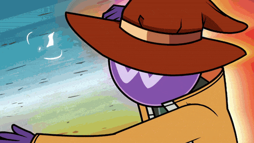 a cartoon character wearing a witch hat and a yellow coat