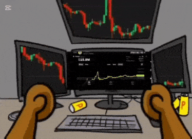 a cartoon dog is sitting at a desk looking at a computer screen with a graph on it .