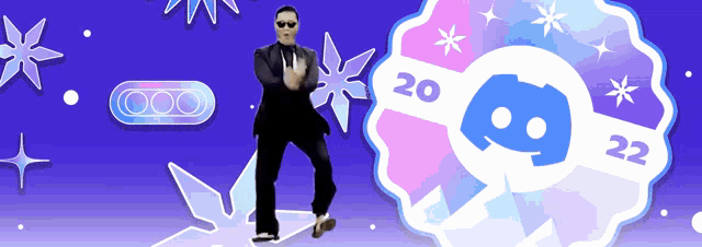 a man in a suit and tie is dancing in front of a discord logo