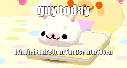 a pixel art of a pig that says guy today i started a fire in my house inmyoven