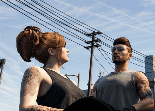 a man and a woman are standing next to each other in a video game