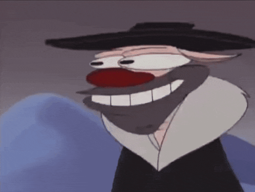 a cartoon character wearing a hat and a beard is smiling