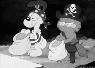 garfield and snoopy are dressed up as pirates in a black and white photo .
