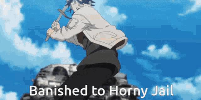 a man in a white jacket is holding a sword with the words banished to horny jail below him