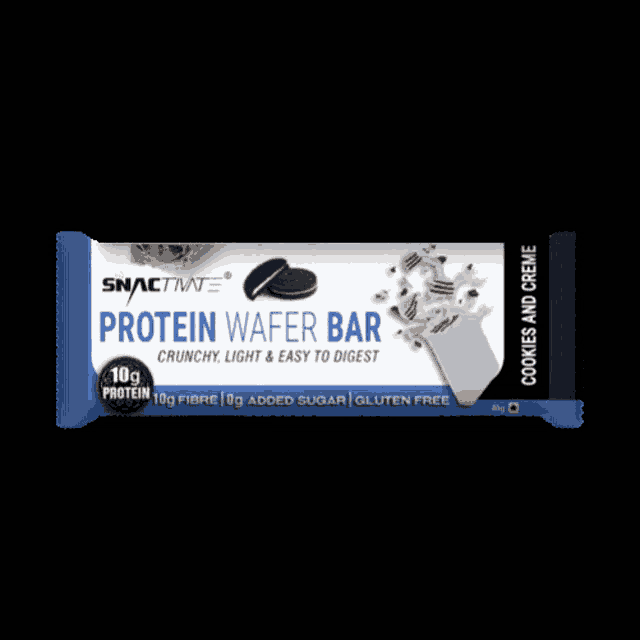 a snackmate protein wafer bar with cookies and creme on it