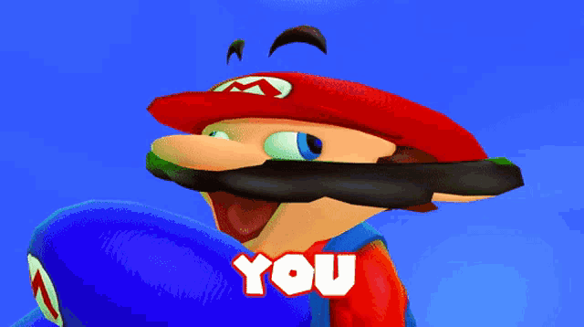 a cartoon character with a red hat and a mustache says " you "