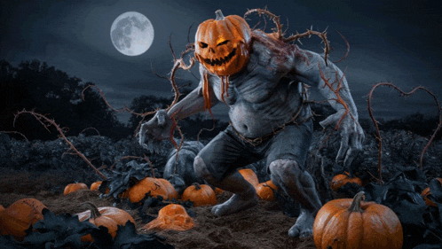 a monster with a pumpkin head is surrounded by pumpkins in a field