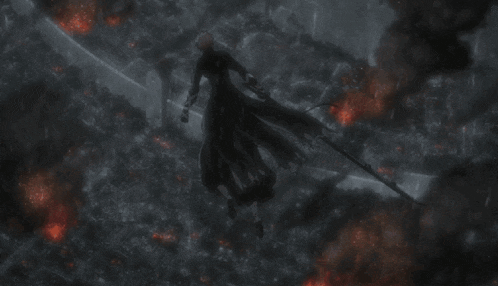 a silhouette of a person is flying through a dark sky