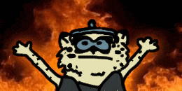 a cartoon character wearing sunglasses and a hat is standing in front of a fire