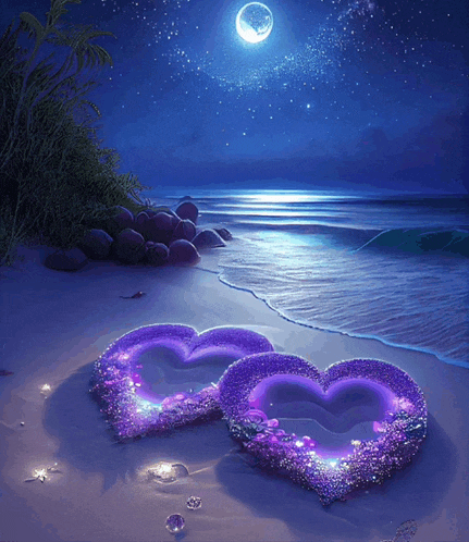 a couple of purple hearts on a beach with a full moon in the background