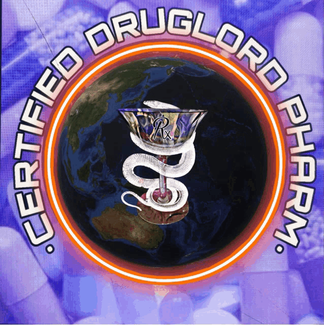a logo for certified druglord pharm shows a snake and a cup