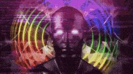 a close up of a person 's face with a purple background