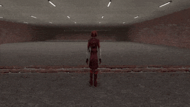 a video game character is holding a bloody sword