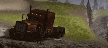 a screenshot of a video game shows a rusted semi truck with a man standing next to it