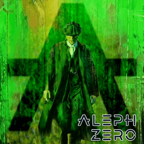 a man in a suit and hat is walking in front of a green triangle with the words aleph zero below him