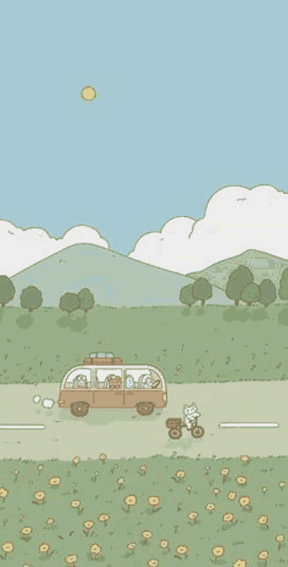 a cartoon illustration of a bus driving down a road in a field of flowers .