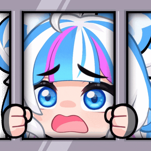 a girl with blue and pink hair is behind bars