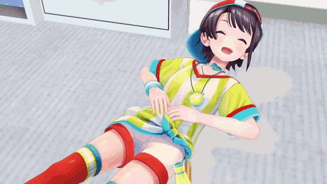 a girl in a yellow and white outfit is laying on the floor with her eyes closed